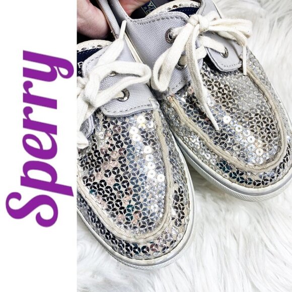SPERRY TOPSIDER Bahama Silver Sequin Boat Shoe, Size 7 - Picture 7 of 12